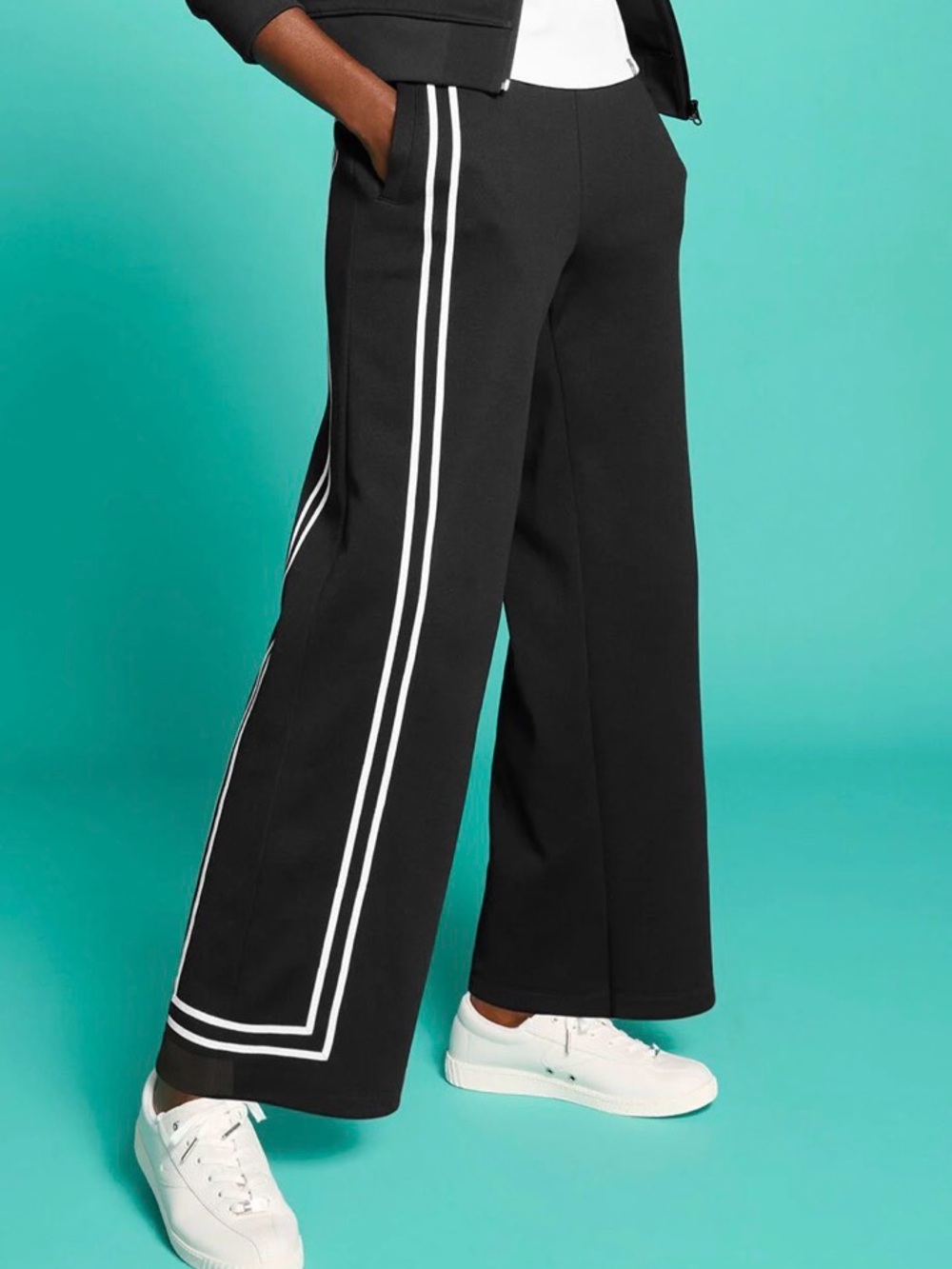 Talbots Black Wide-Leg Pants with White Side Stripes pique